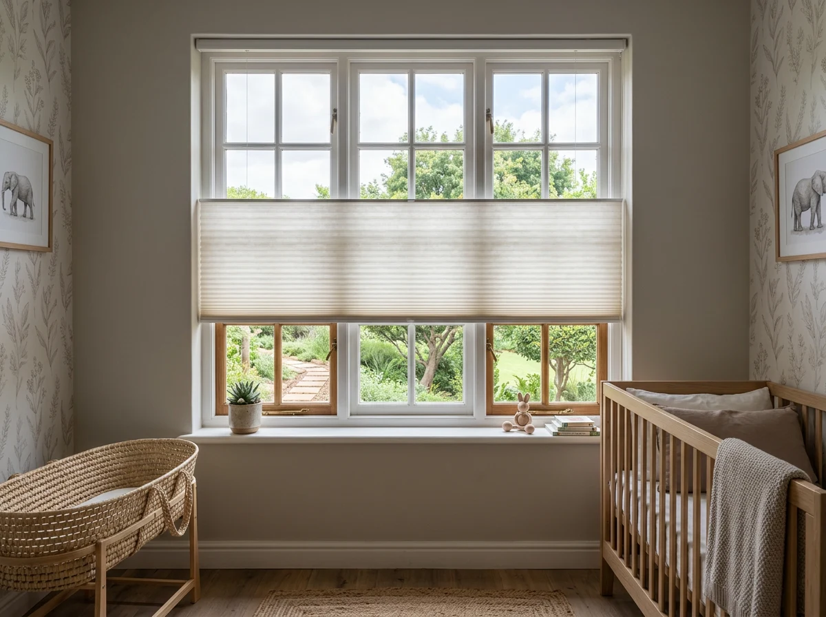 Pleated cellular honeycomb blind half-lowered over a nursery window in a Southdowns Estate home