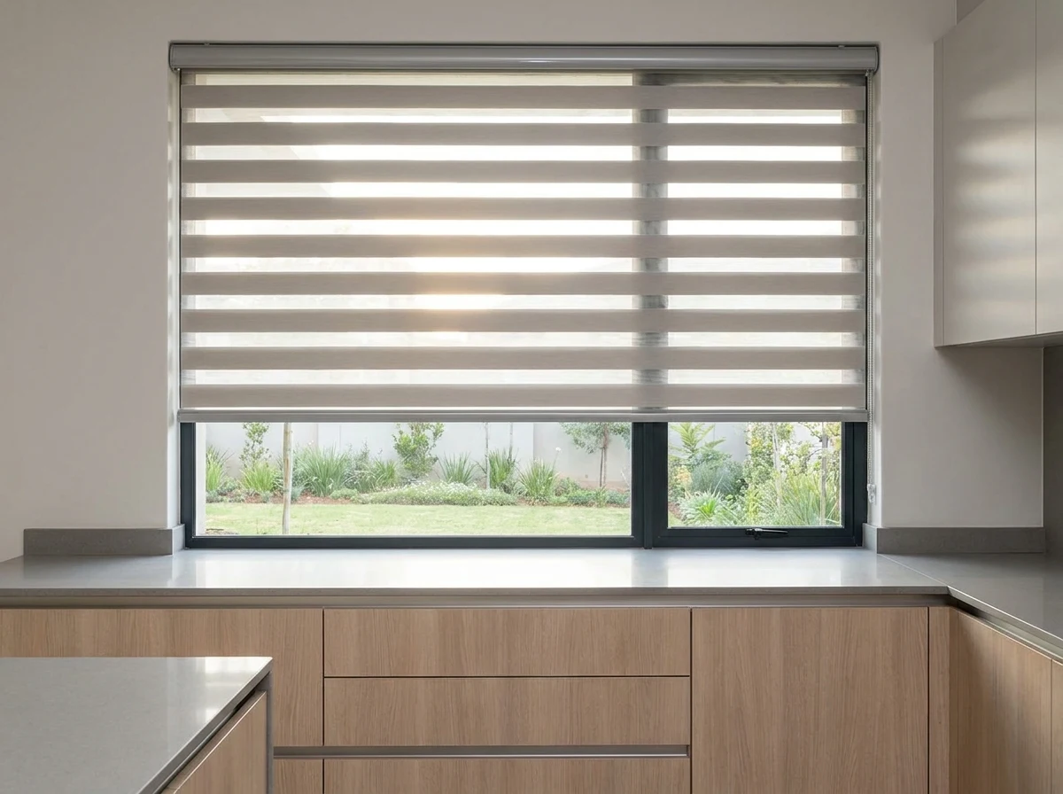 Banded day and night roller blind set half-open over a kitchen window in a Southdowns Estate home