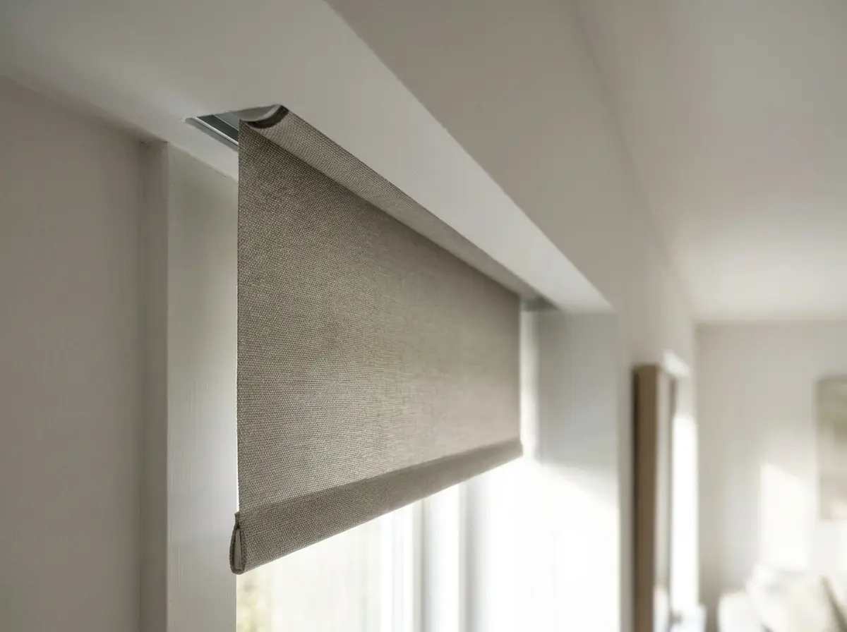 Close-up detail of a concealed recessed blind emerging from a slim ceiling slot