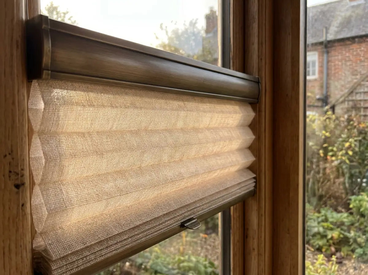 Close-up detail of a honeycomb cellular blind fabric weave against a timber-framed window in Eldoraigne