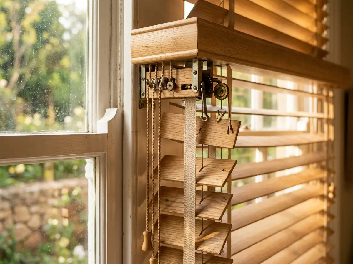 Close-up detail of a timber venetian blind against a heritage sash window in Irene, Centurion