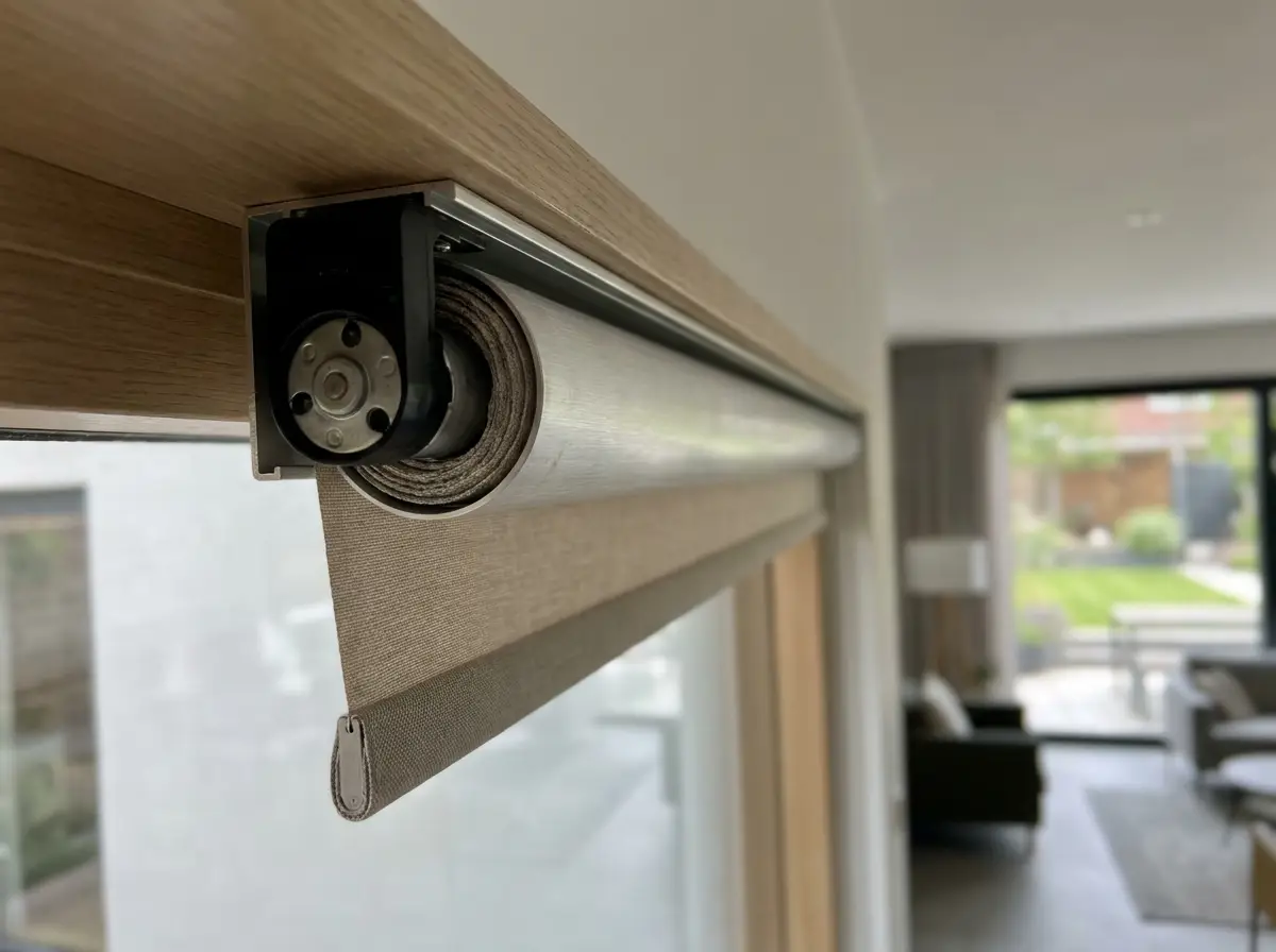 Close-up detail of a motorised roller blind tube and quiet electric motor mechanism at the headrail