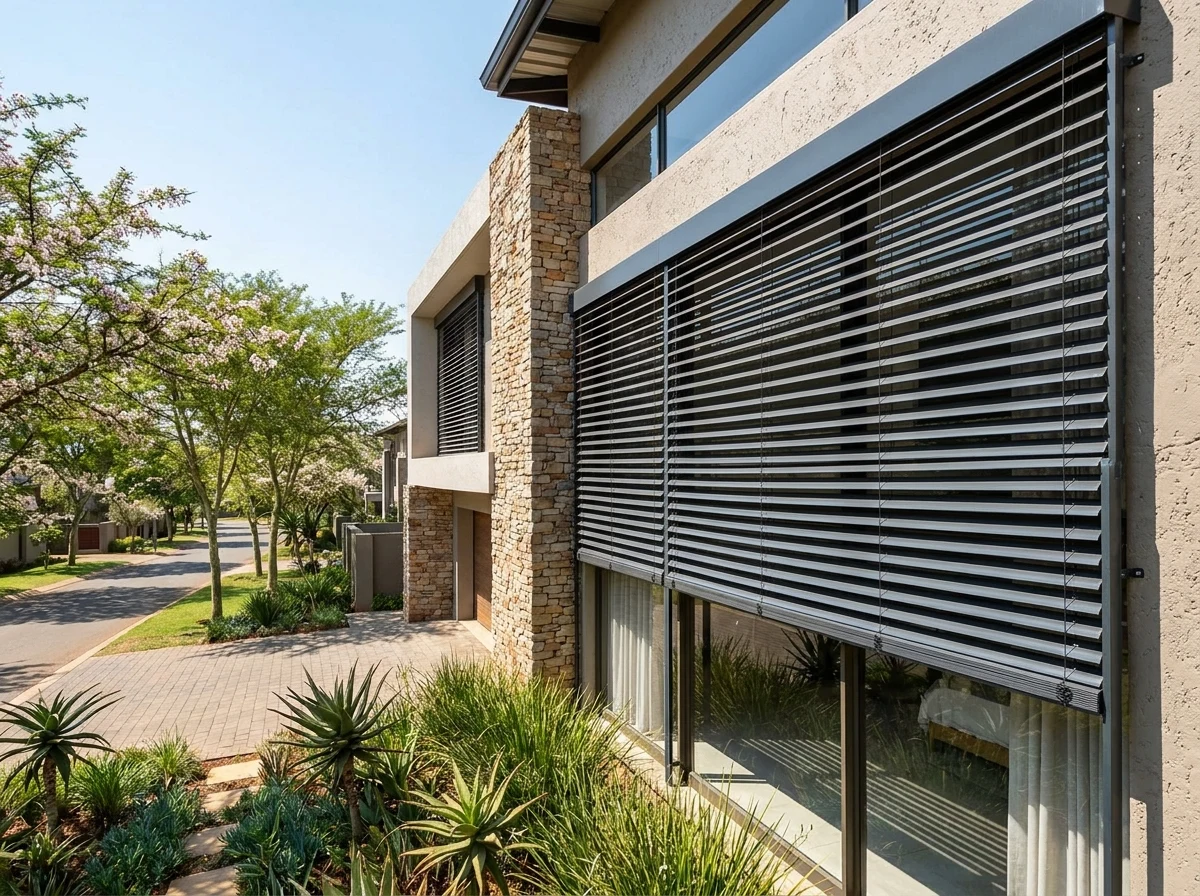 Exterior aluminium venetian blinds shading a sunlit facade on a Southdowns Estate house, Centurion
