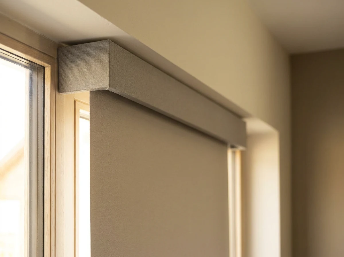 Close-up detail of a neutral cassette pelmet and blockout roller blind fabric edge, Southdowns Estate