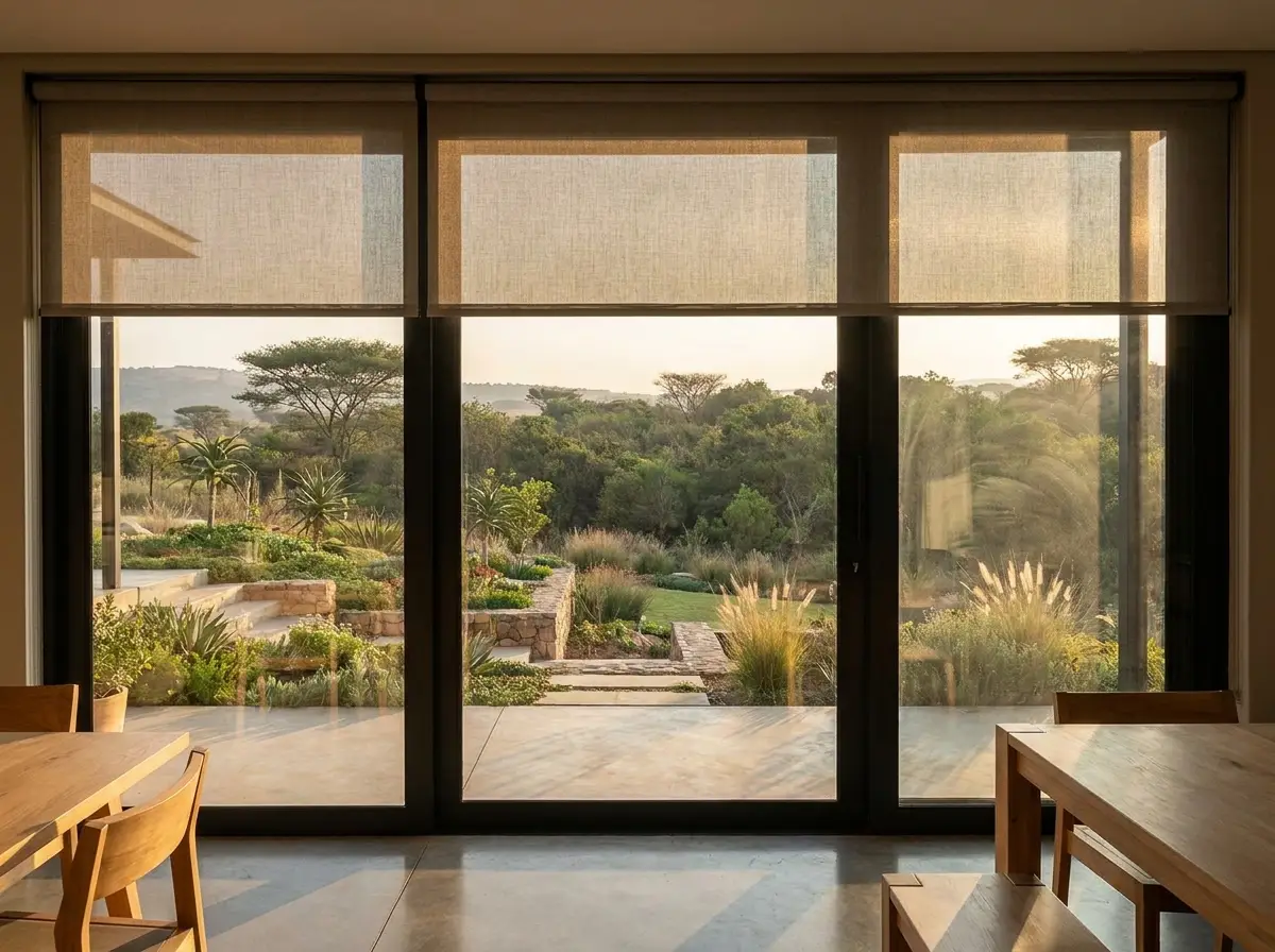 Wide sliding glass doors onto a garden bordering the conservation corridor, fitted with a sheer sunscreen blind