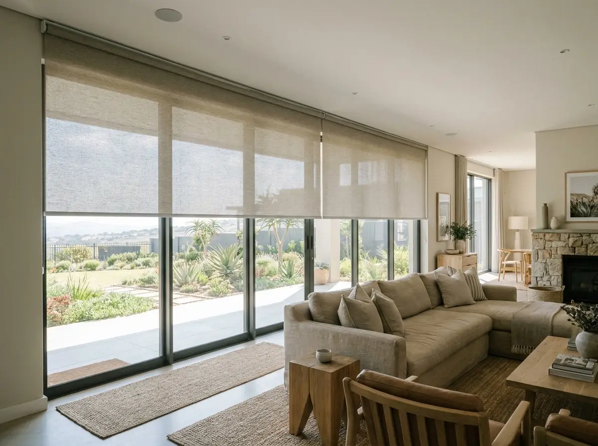 Spacious open-plan living room with cordless motorised roller blind half-lowered over floor-to-ceiling glazing