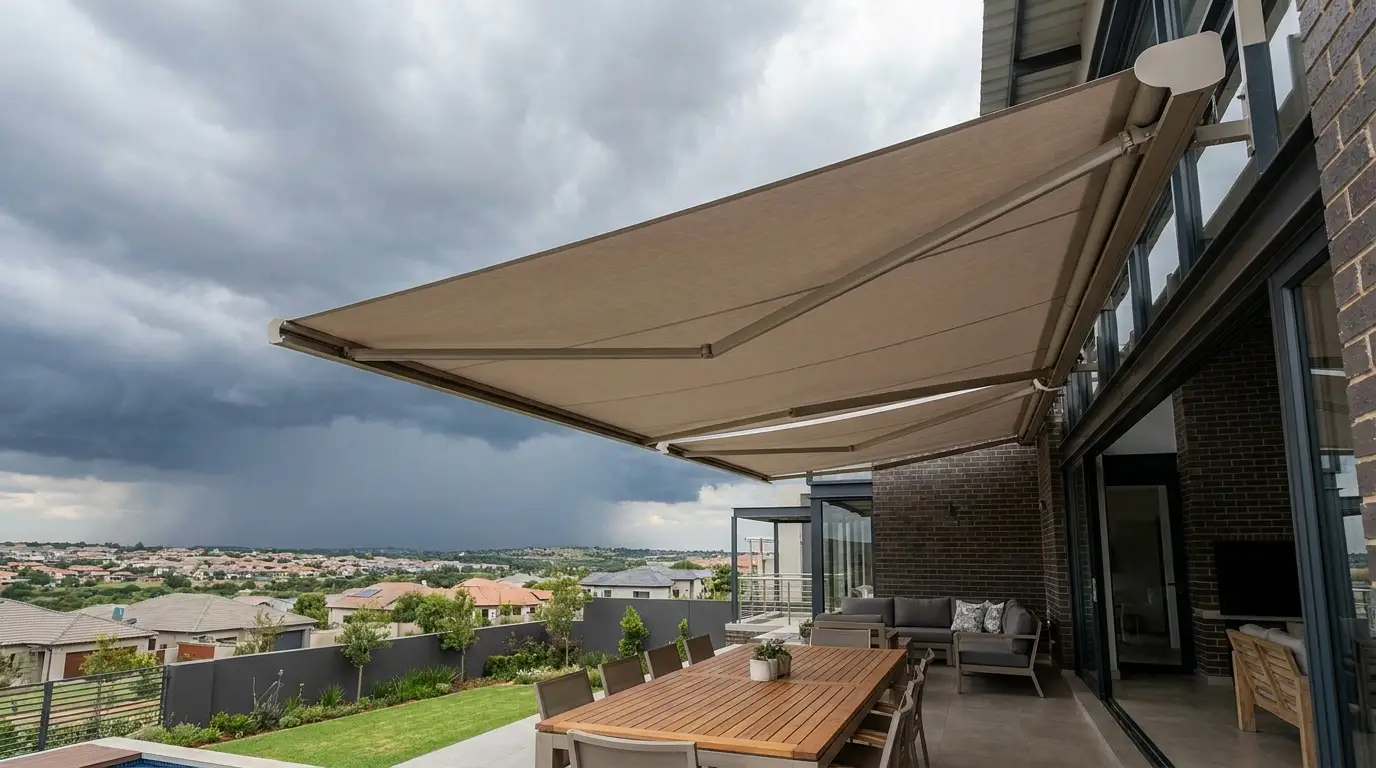 Folding-arm awning extended over a paved patio with a long timber table and outdoor lounge, a dark storm front and rain shaft moving across the tiled roofs of the estate below