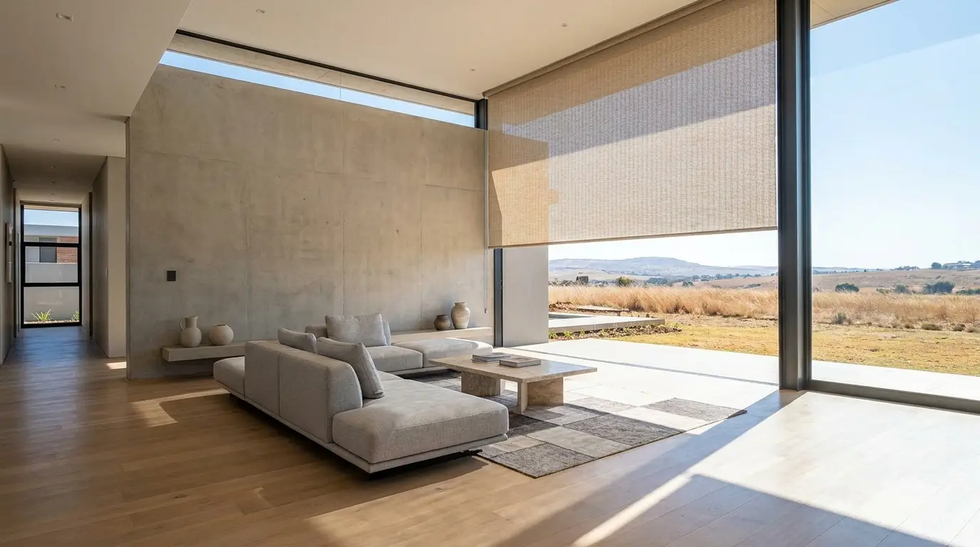Bright open-plan living room with a wide window fitted with a neutral sunscreen roller blind, Southdowns Estate