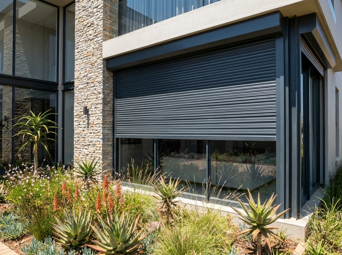 Aluminium roller shutters partway lowered over a window on a Southdowns Estate house facade, Centurion
