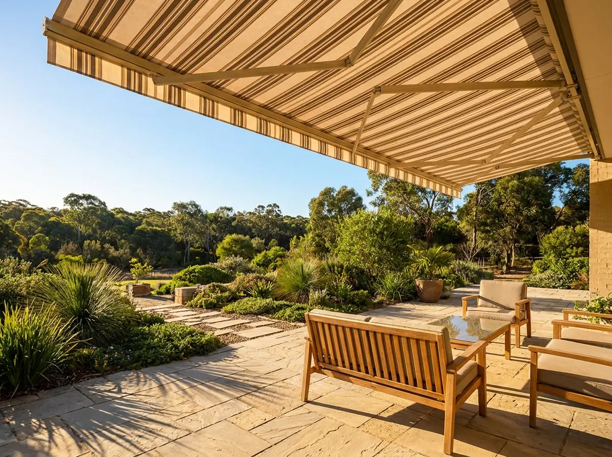 Folding-arm awning extended over a Centurion patio in golden daylight, shading outdoor furniture