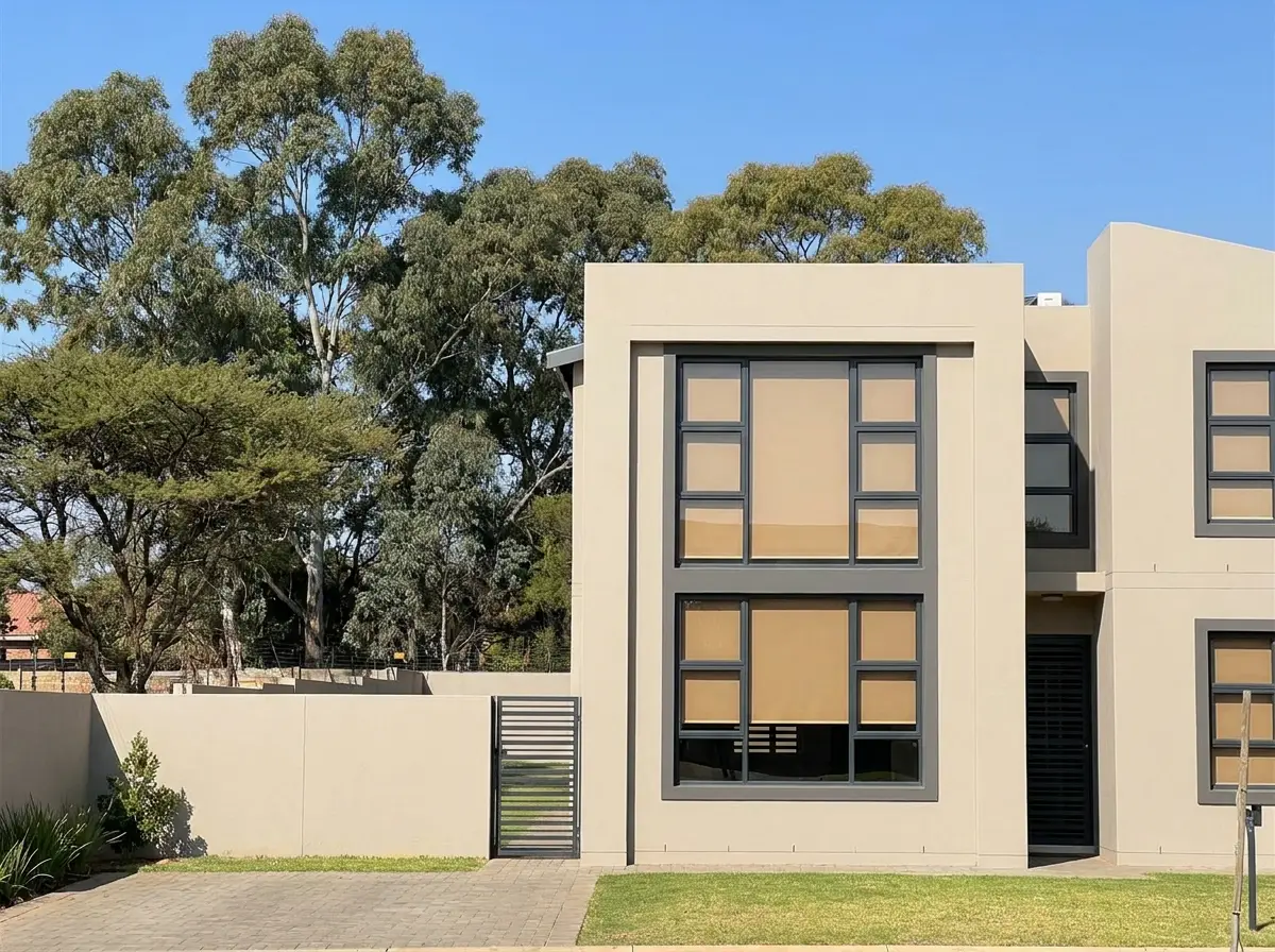 New-build gated cluster estate home exterior in Raslouw with repeating window schedule