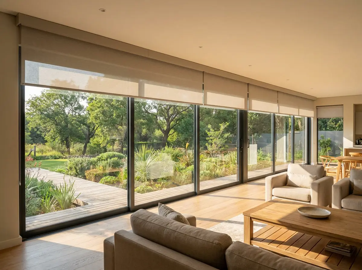 Wide unbroken run of glazing fitted with a long motorised roller blind in a neutral cassette finish