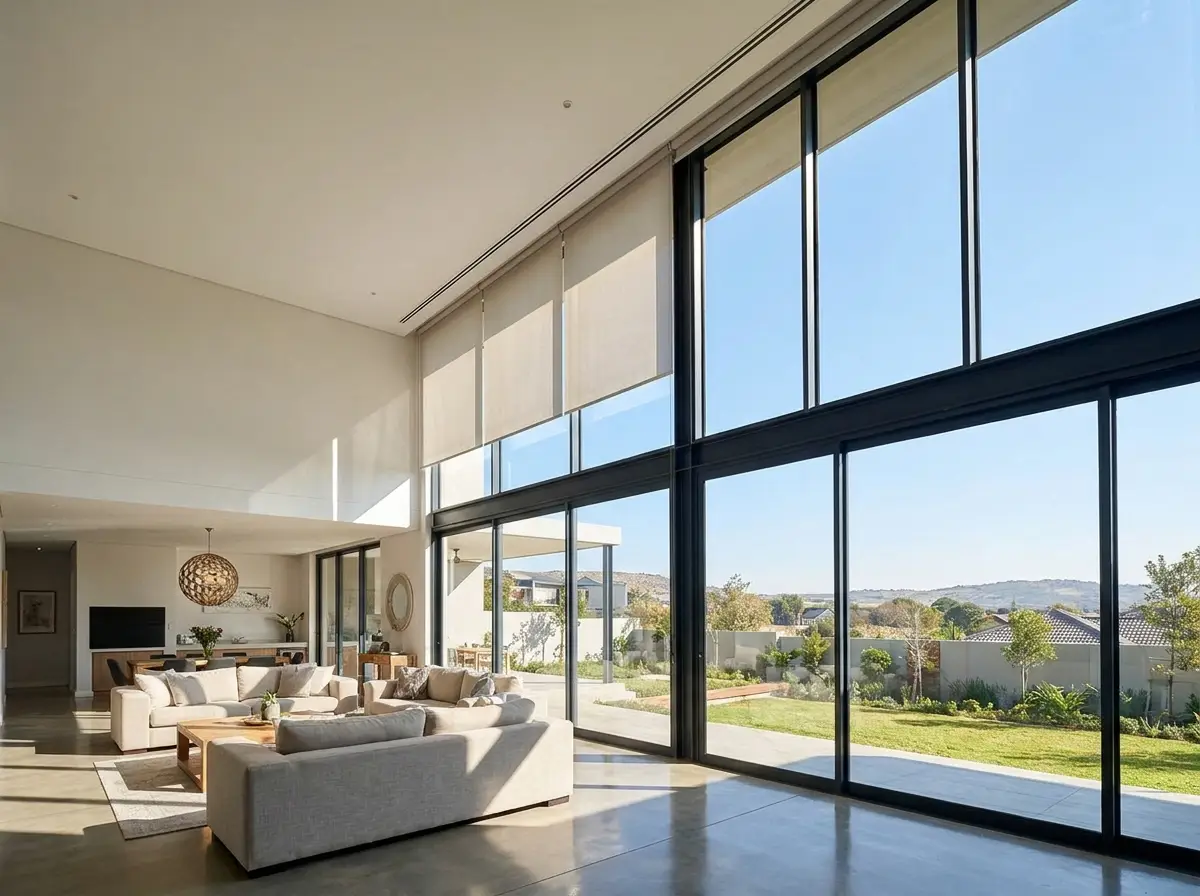 Double-volume living space with a concealed recessed blind system keeping the ceiling line clean