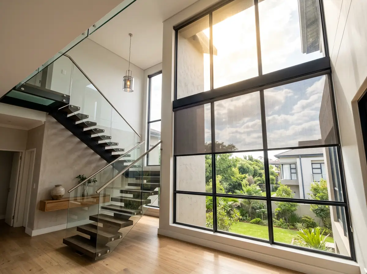 Tall double-volume stairwell window fitted with a motorised roller blind lowered halfway