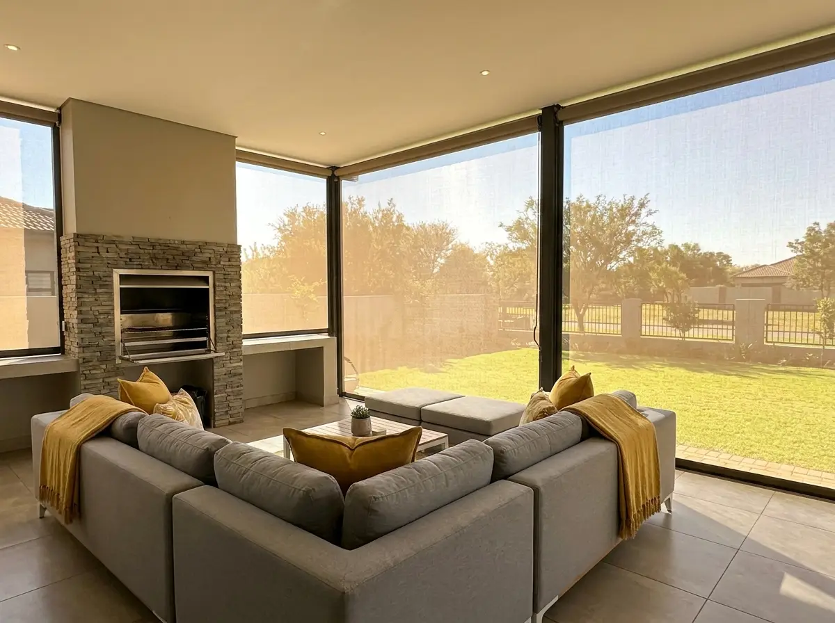 Modern open-plan lounge in a Southdowns Estate residence featuring fitted blinds