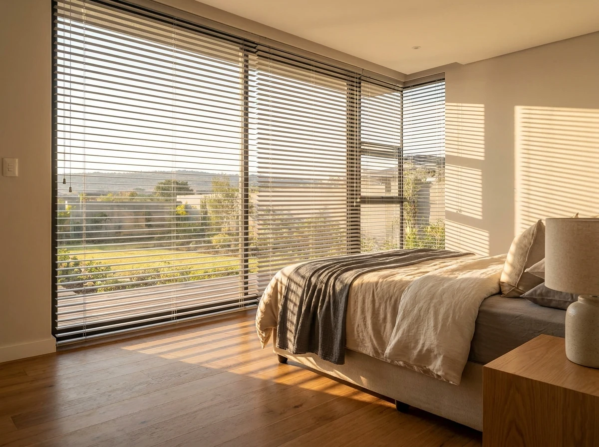 Aluminium venetian blind slats tilted over a bedroom window in a Southdowns Estate home, Centurion