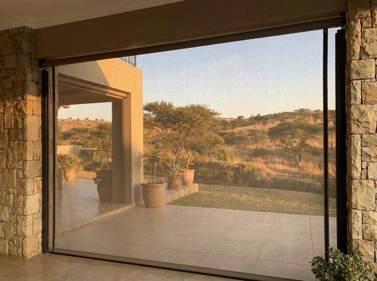Wind-proof zip-track mesh screen lowered across a veranda opening in a Southdowns Estate home